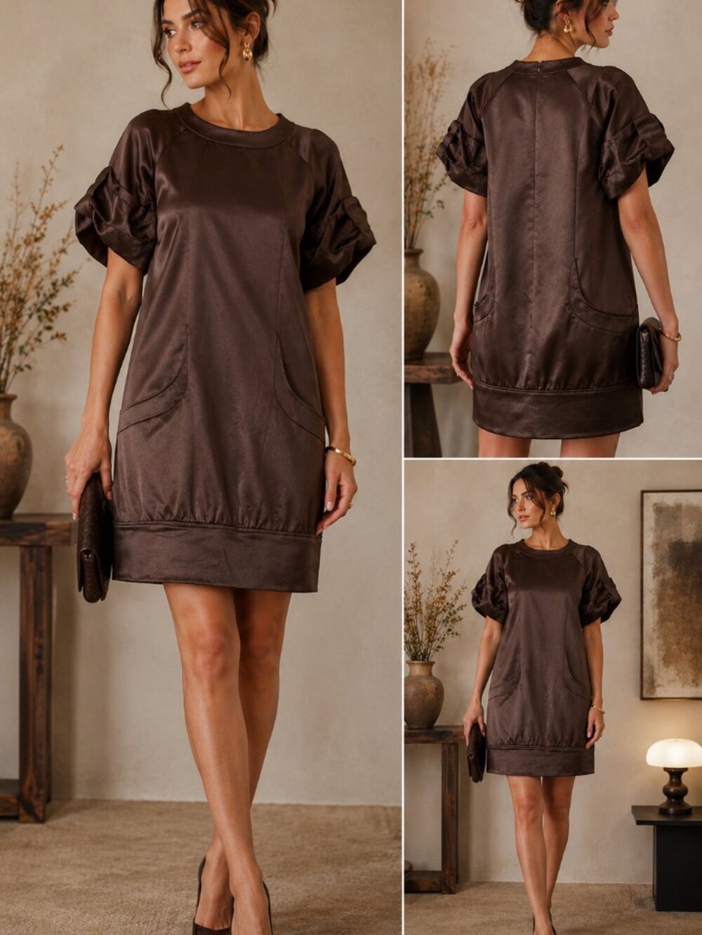 David Meister Dark Brown Satin Avant Garde Puff Sleeve Shift Dress Size 6